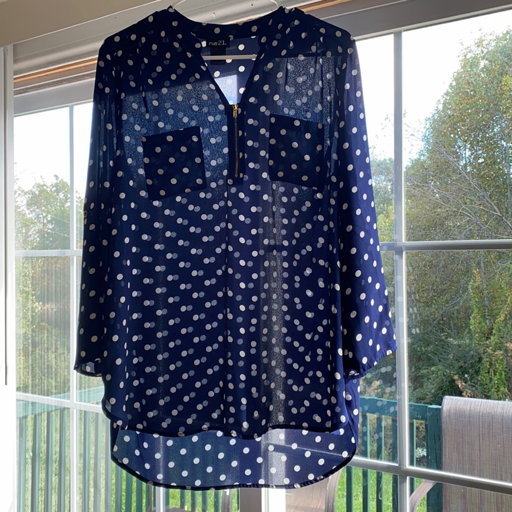 Blue and white polkadot blouse